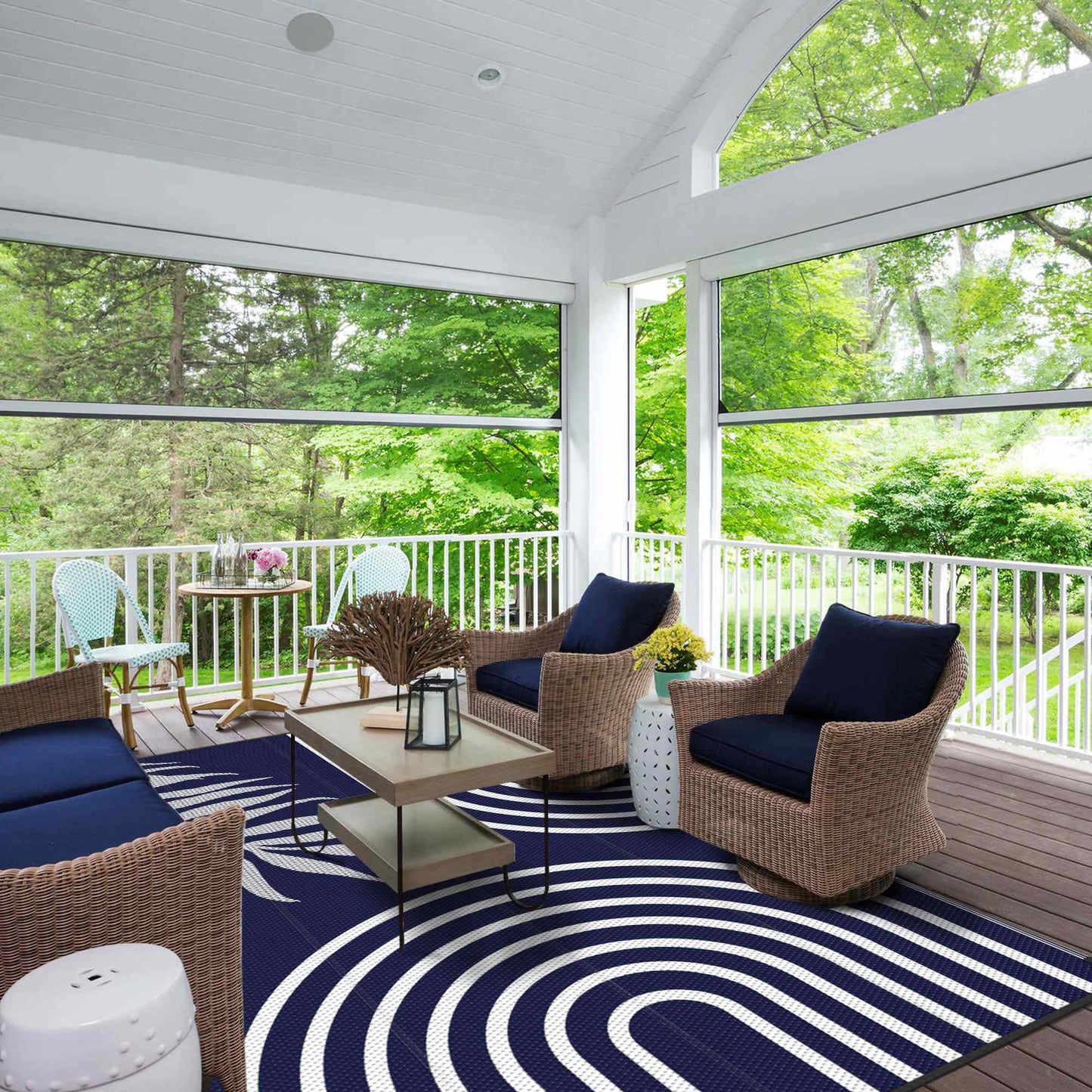 deorab outdoor rugs waterproof plastic straw mat 5'x8' reversible for rv patio deck beach blue & white