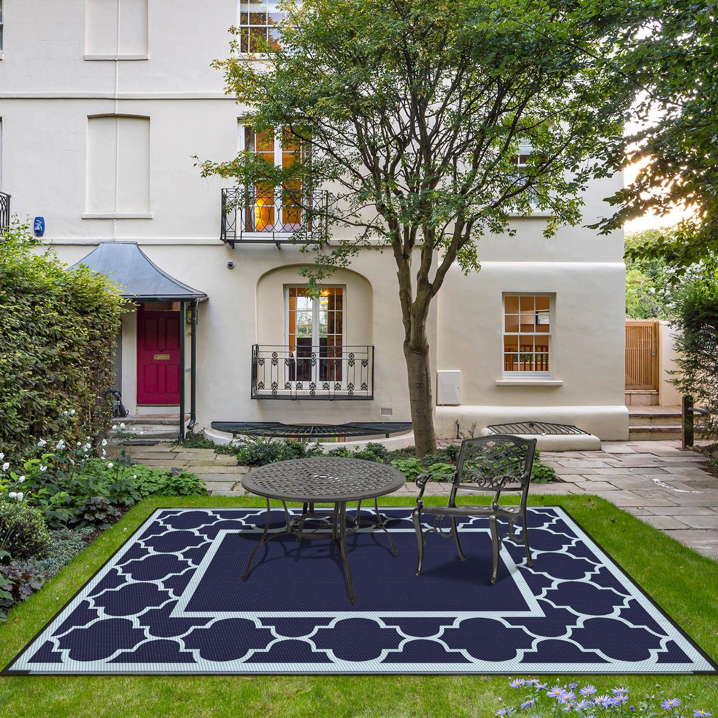 deorab 8'x10' outdoor rug clearance waterproof patio mat reversible plastic camping carpet,navy blue & baby blue