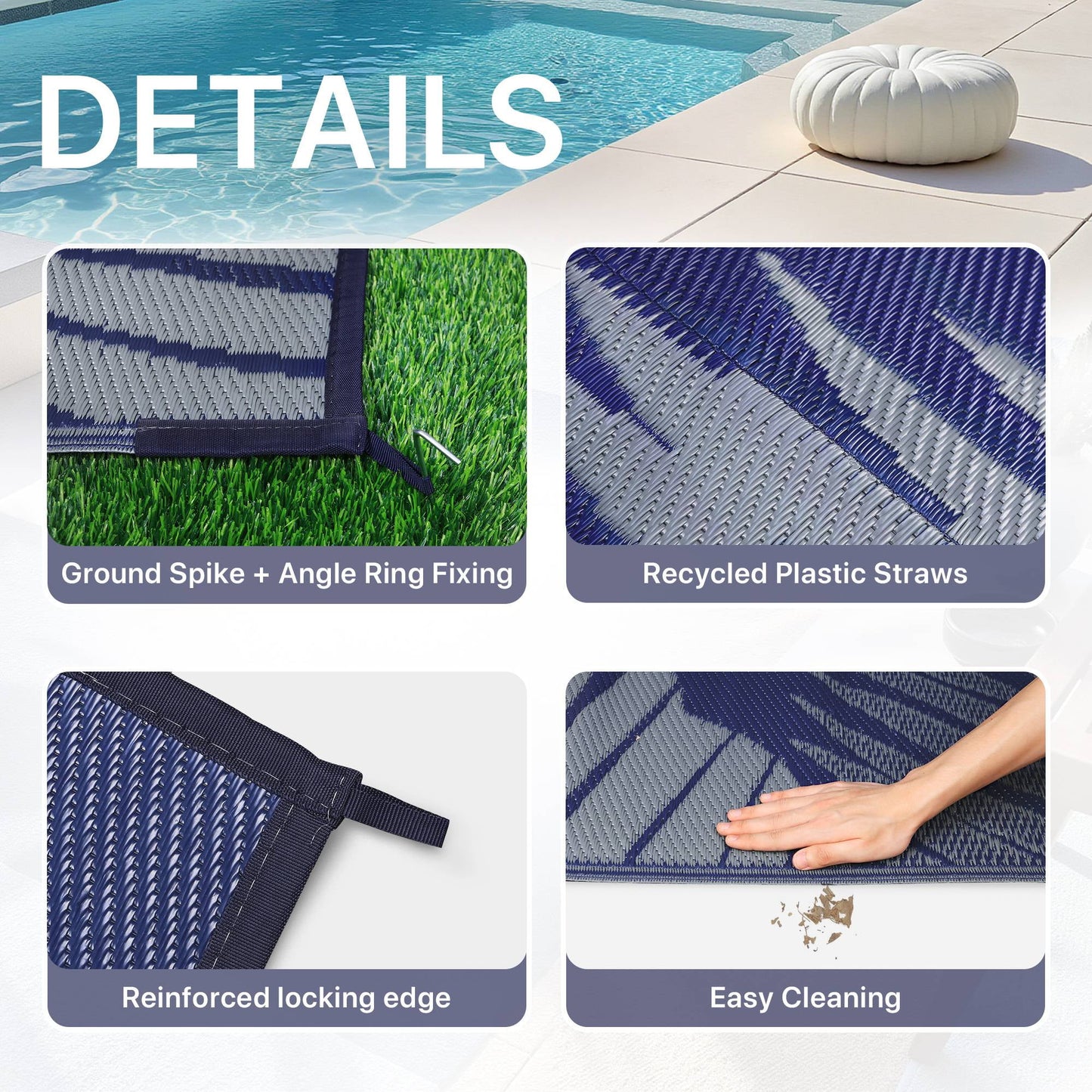 deorab 10'x14' outdoor rugs patio waterproof outside mat reversible plastic camping carpet,blue & grey