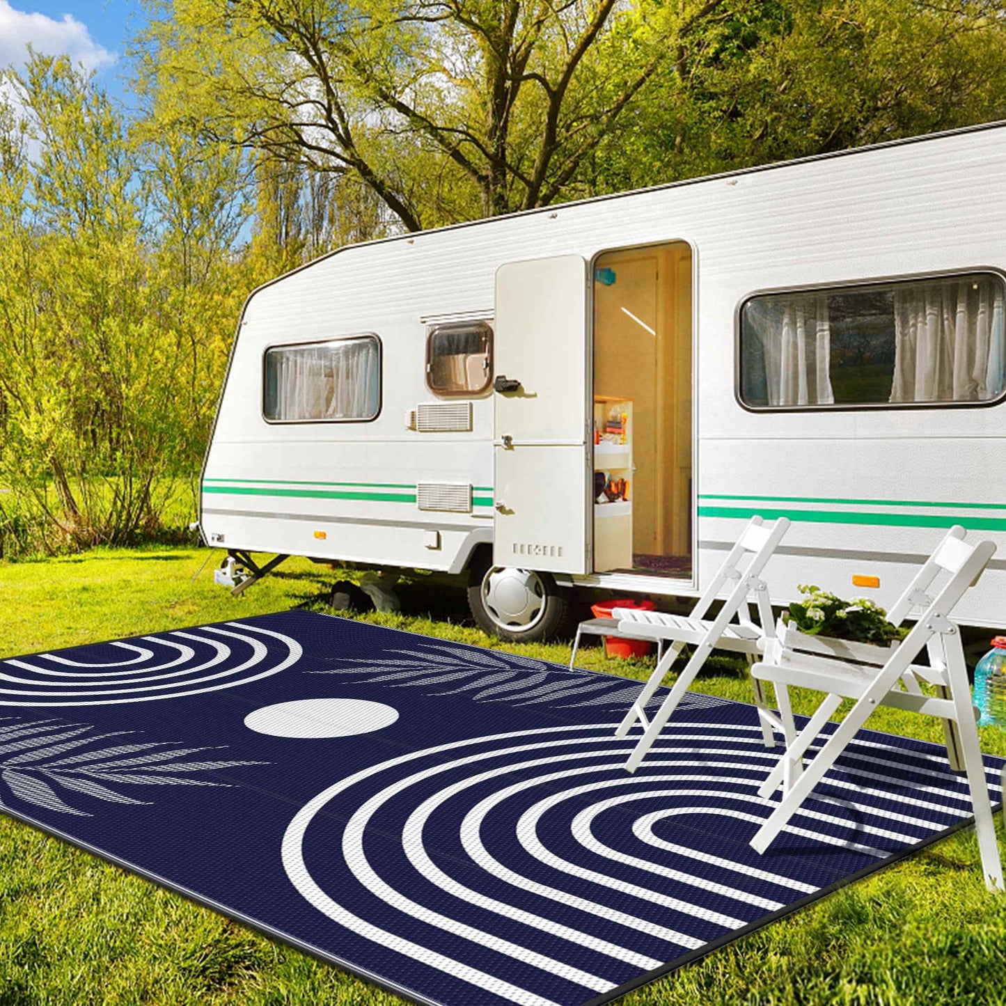 deorab outdoor rugs waterproof plastic straw mat 5'x8' reversible for rv patio deck beach blue & white