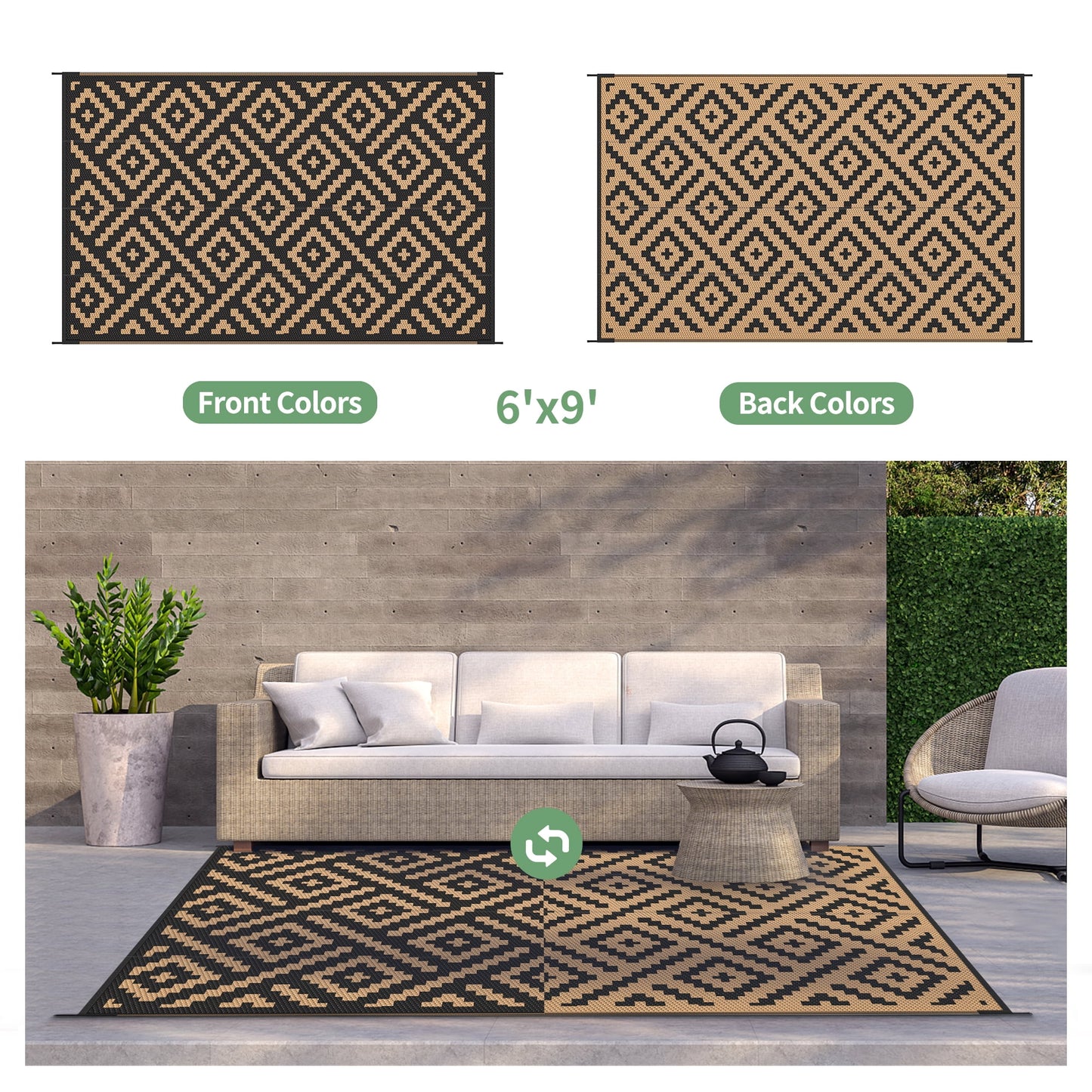 deorab outdoor rugs waterproof plastic straw mat 6'x9' reversible for rv patio deck beach black & brown