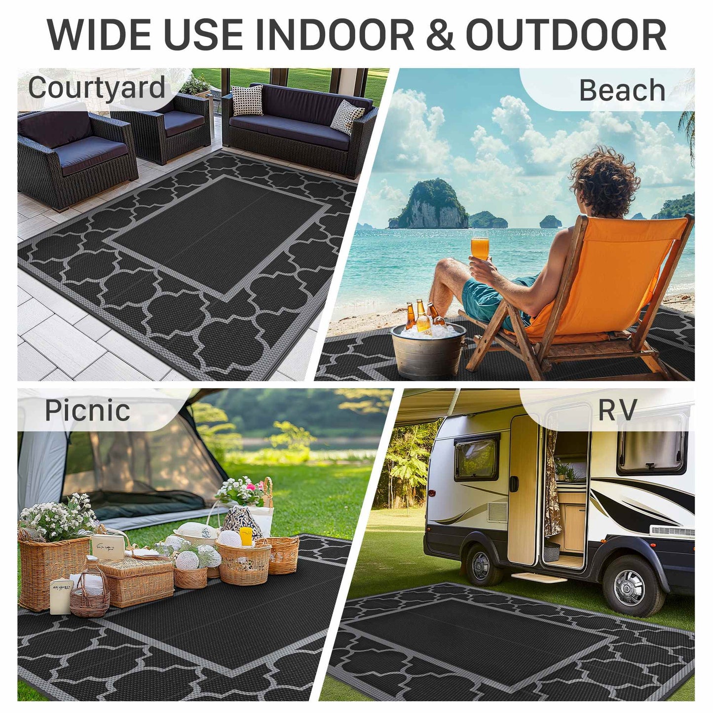 deorab outdoor rugs waterproof plastic straw mat 9'x12' reversible for rv patio deck beach black & gray