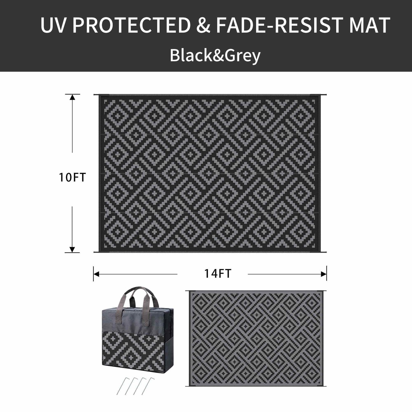 deorab outdoor rugs waterproof plastic straw mat 10'x14' reversible for rv patio deck beach black & gray