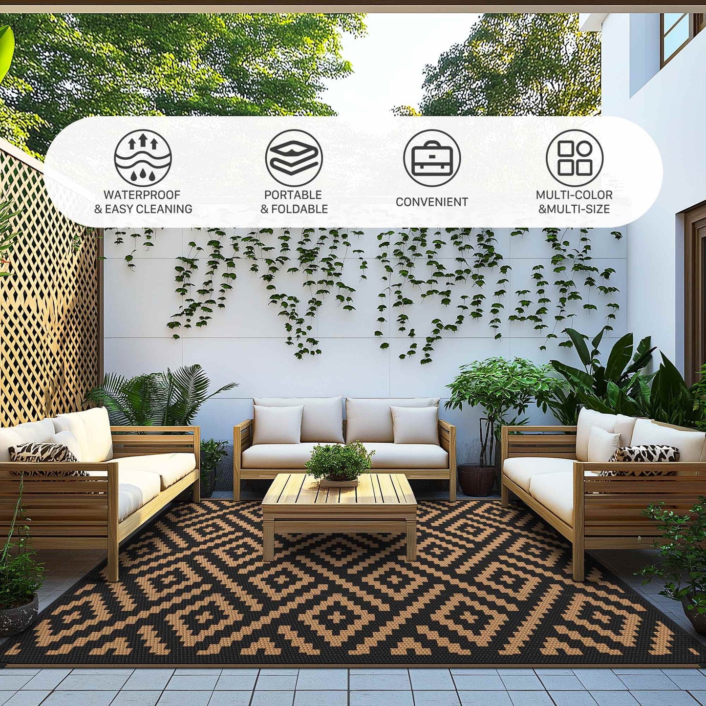 deorab outdoor rugs waterproof plastic straw mat 8'x10' reversible for rv patio deck beach black & gray