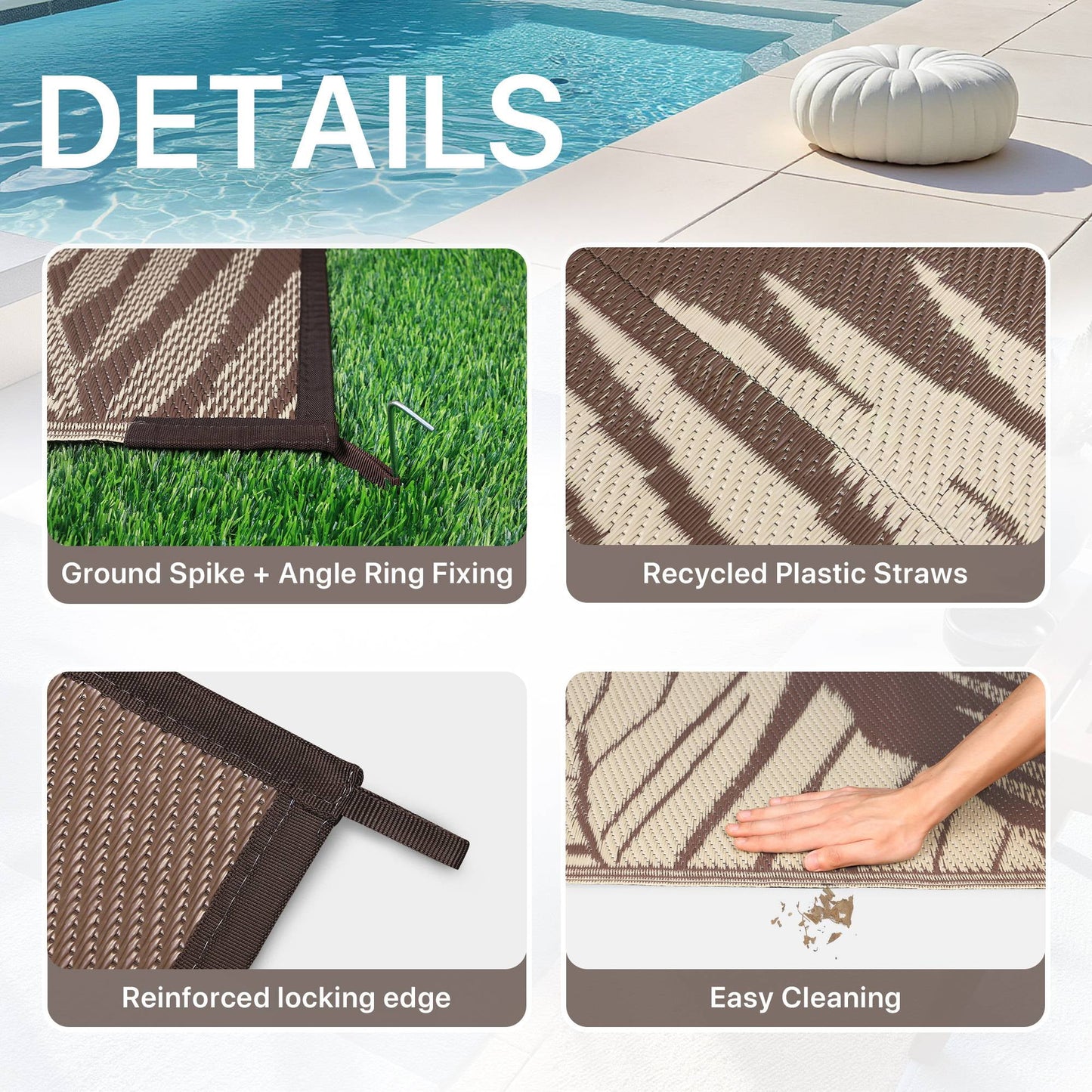 deorab 9'x12' outdoor rugs patio waterproof outside mat reversible plastic camping carpet,coffee & beige