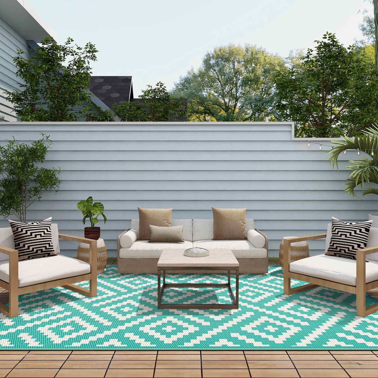 deorab 5'x8' outdoor patio clearance waterproof rug reversible plastic camping mat,lake green & beige white