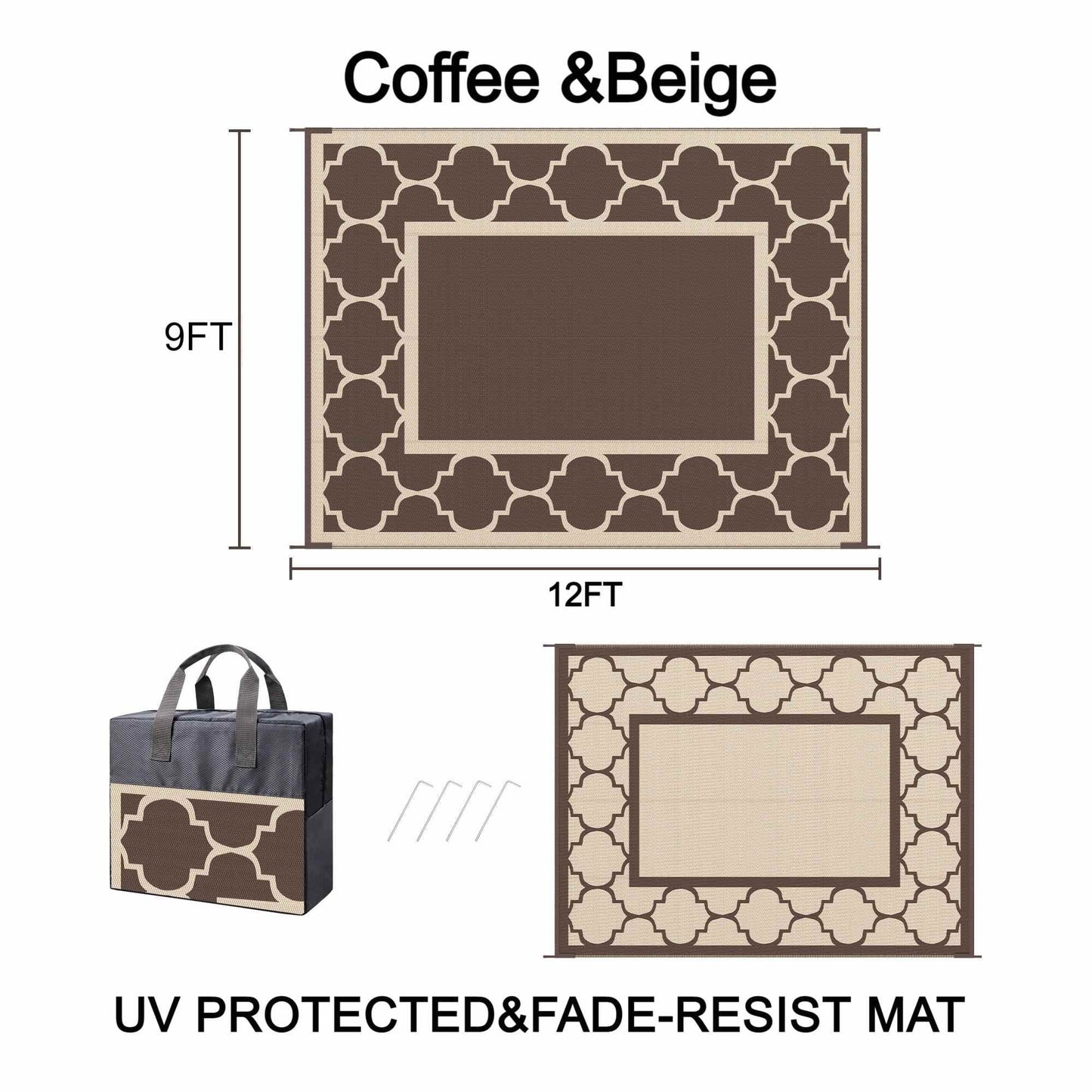 deorab outdoor rugs waterproof plastic straw mat 9'x12' reversible for rv patio deck beach coffee & beige