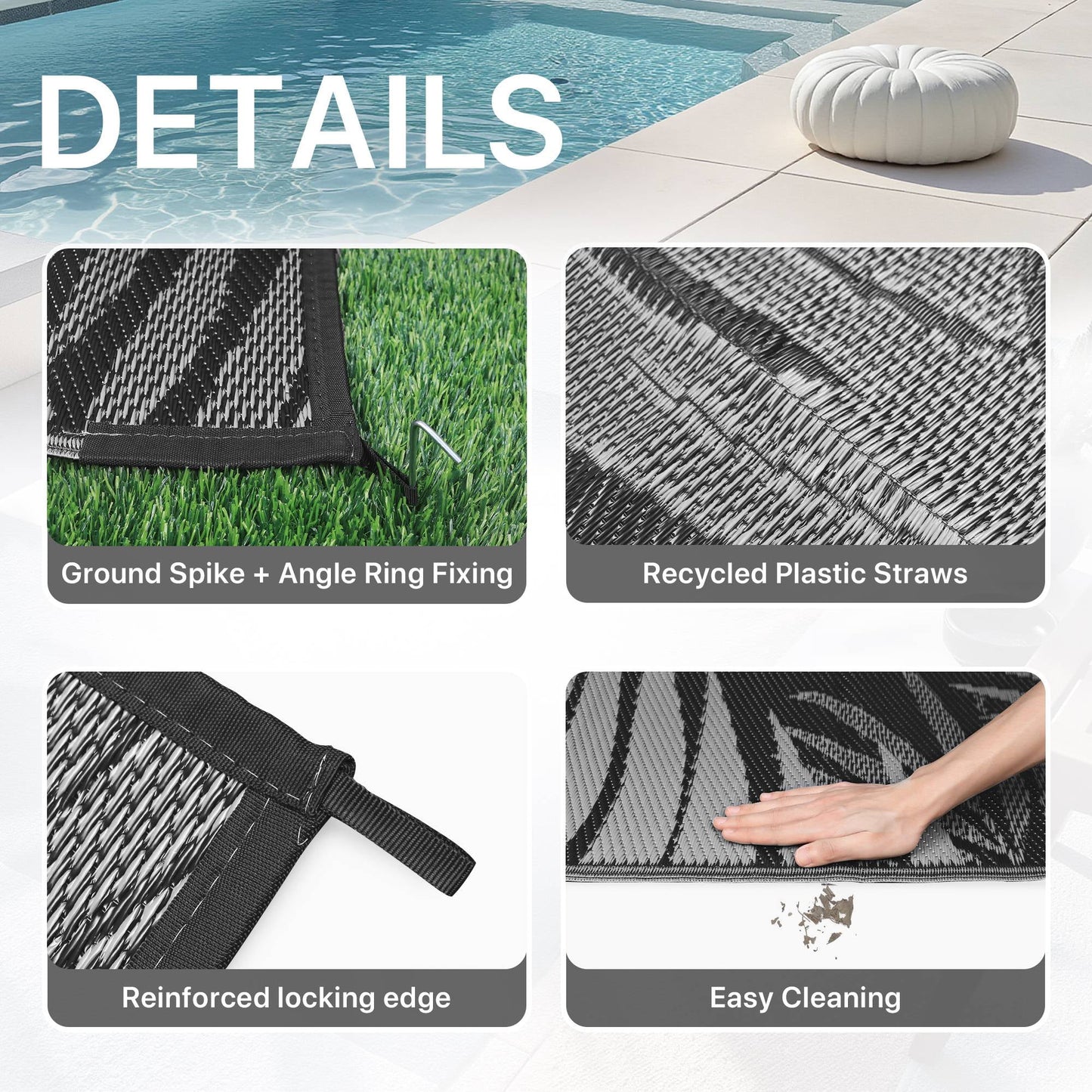 deorab 6'x9' outdoor rugs patio waterproof outside mat reversible plastic camping carpet,black & grey