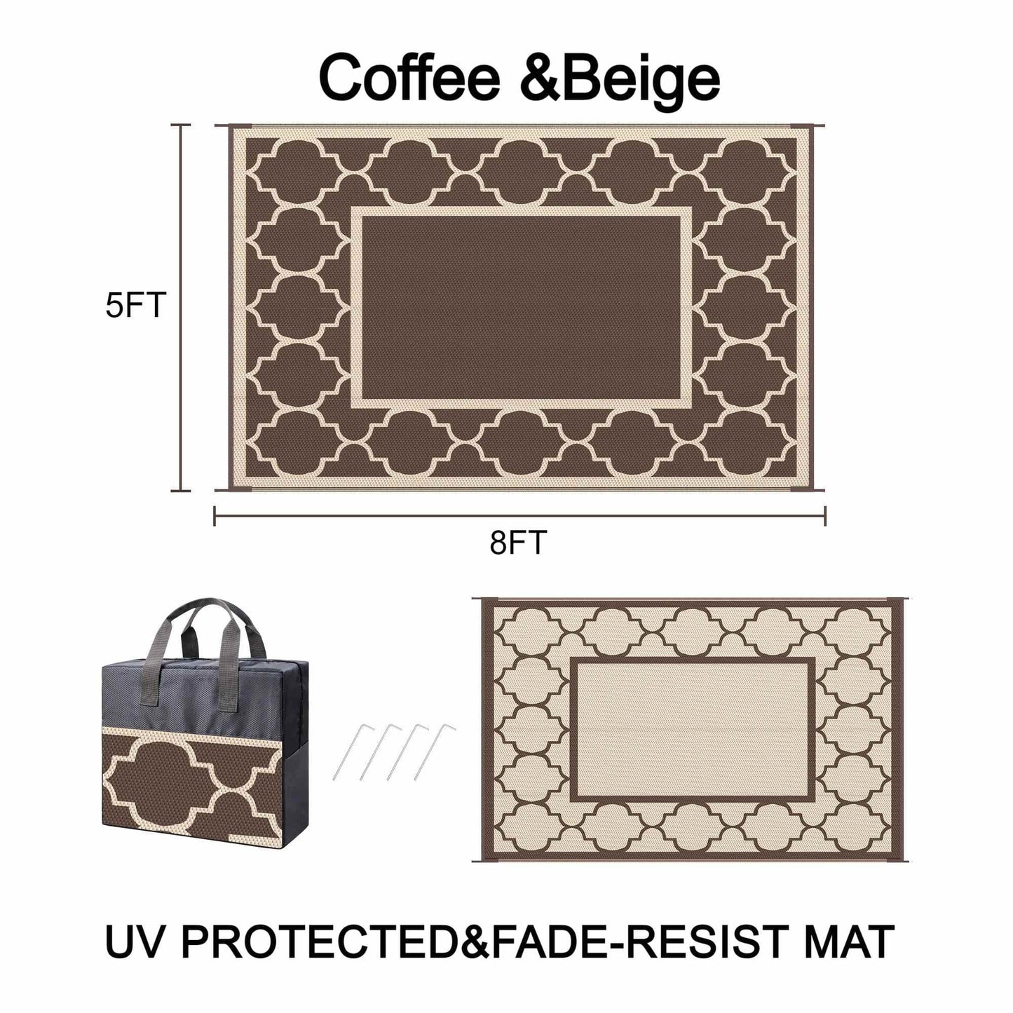 deorab outdoor rugs waterproof plastic straw mat 5'x8' reversible for rv patio deck beach coffee & beige