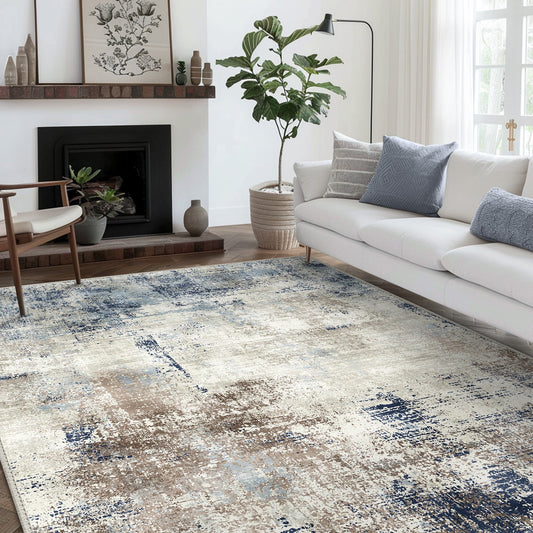 DEORAB 3X5 Area Rugs for Living Room, Large Modern Machine Washable Vintage Rugs Distressed Abstract Print Blue Throw Rug for Bedroom Aesthetic, Non Slip Ultra-thin Carpet with Gripper
