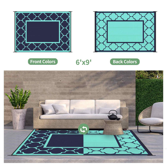 DEORAB Outdoor Rugs Waterproof Plastic Straw Mat 6'x9' Reversible for RV Patio Deck Beach Navy Blue & Jade Green