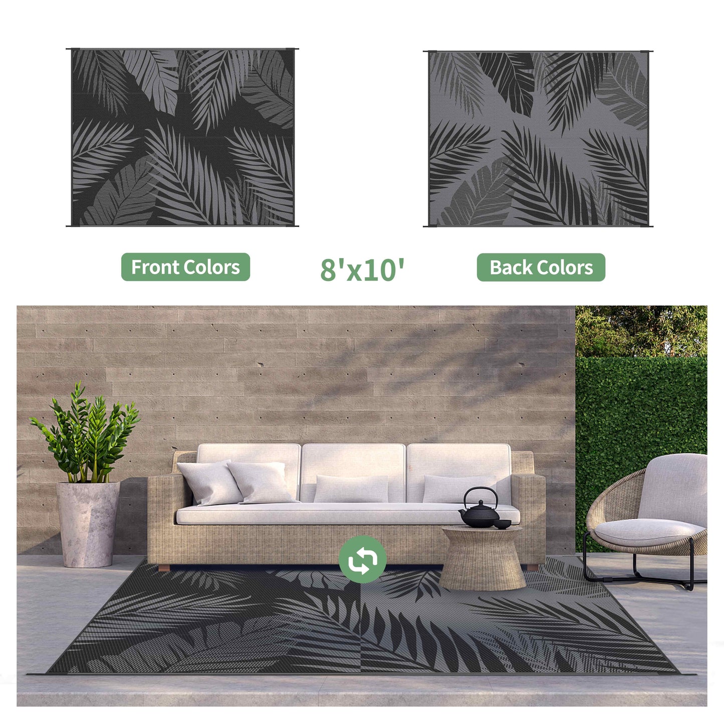 deorab 8'x10' outdoor rugs patio waterproof outside mat reversible plastic camping carpet,black & grey