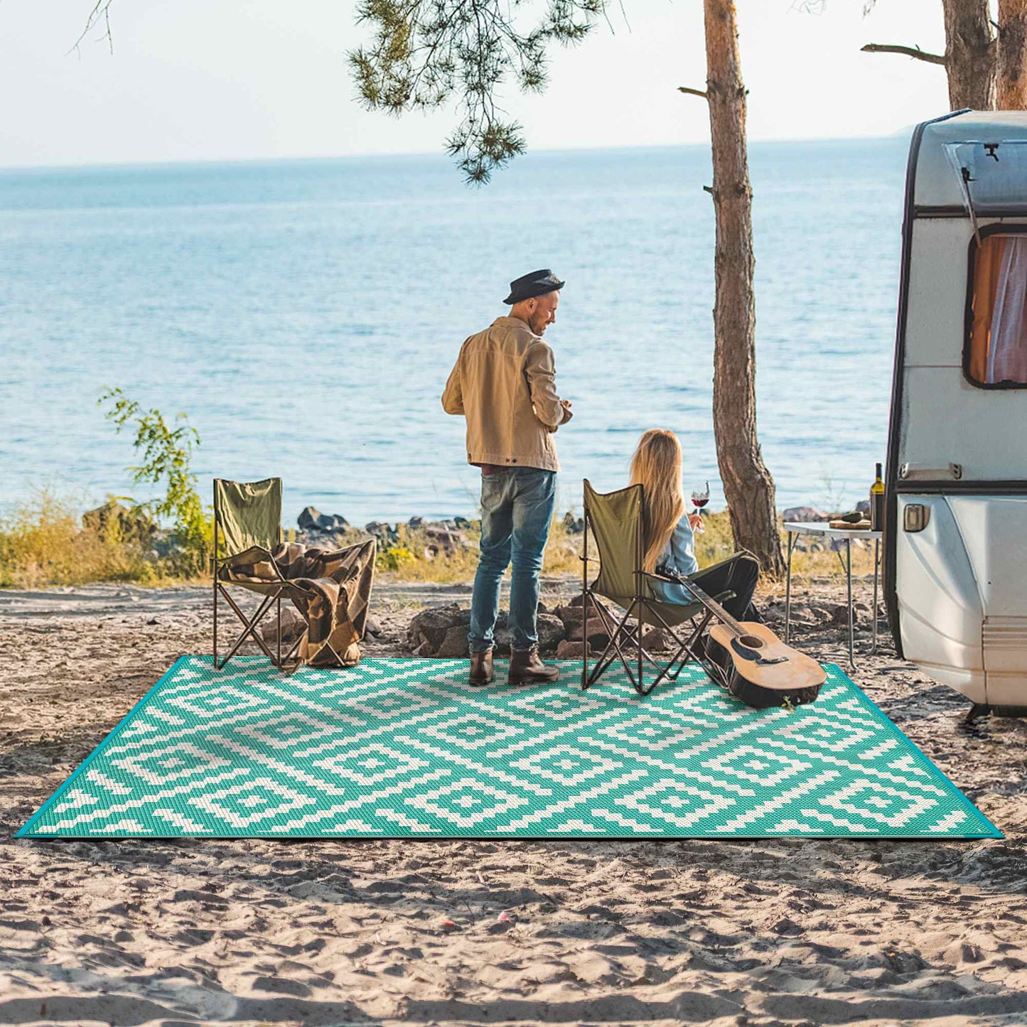 deorab outdoor rug patio clearance,8'x10' waterproof mat,reversible plastic camping,lake green & beige white