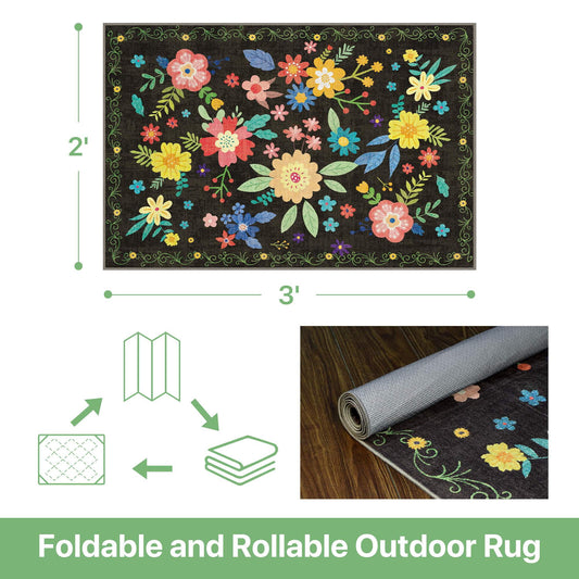 DEORAB 2'x 3' Outdoor Rug Chenille 3-Layers Patio Washable Mat Imitation Silicone Material Camping Garden RV Carpet,BLACK