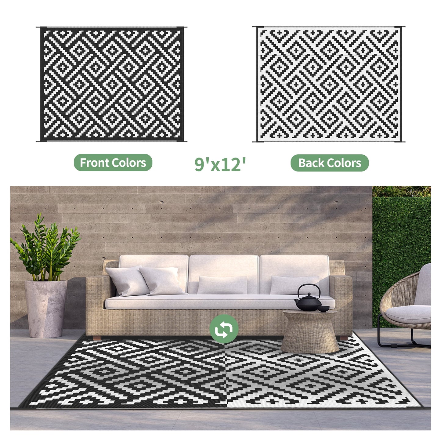 deorab outdoor rugs waterproof plastic straw mat 9'x12' reversible for rv patio deck beach black & white