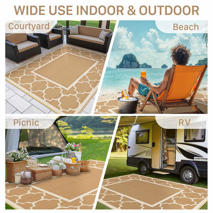 DEORAB Outdoor Rugs Waterproof Plastic Straw Mat 6'x9' Reversible for RV Patio Deck Beach Brown & Beige