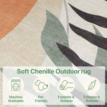 DEORAB Outdoor Rug 9'X12' Chenille Patio Carpet Three-Layer Material Imitation Silicone Spot Molding Camping Outside RV Mat,Beige&Green
