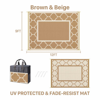 DEORAB Outdoor Rugs Waterproof Plastic Straw Mat 9'x12' Reversible for RV Patio Deck Beach Brown & Beige