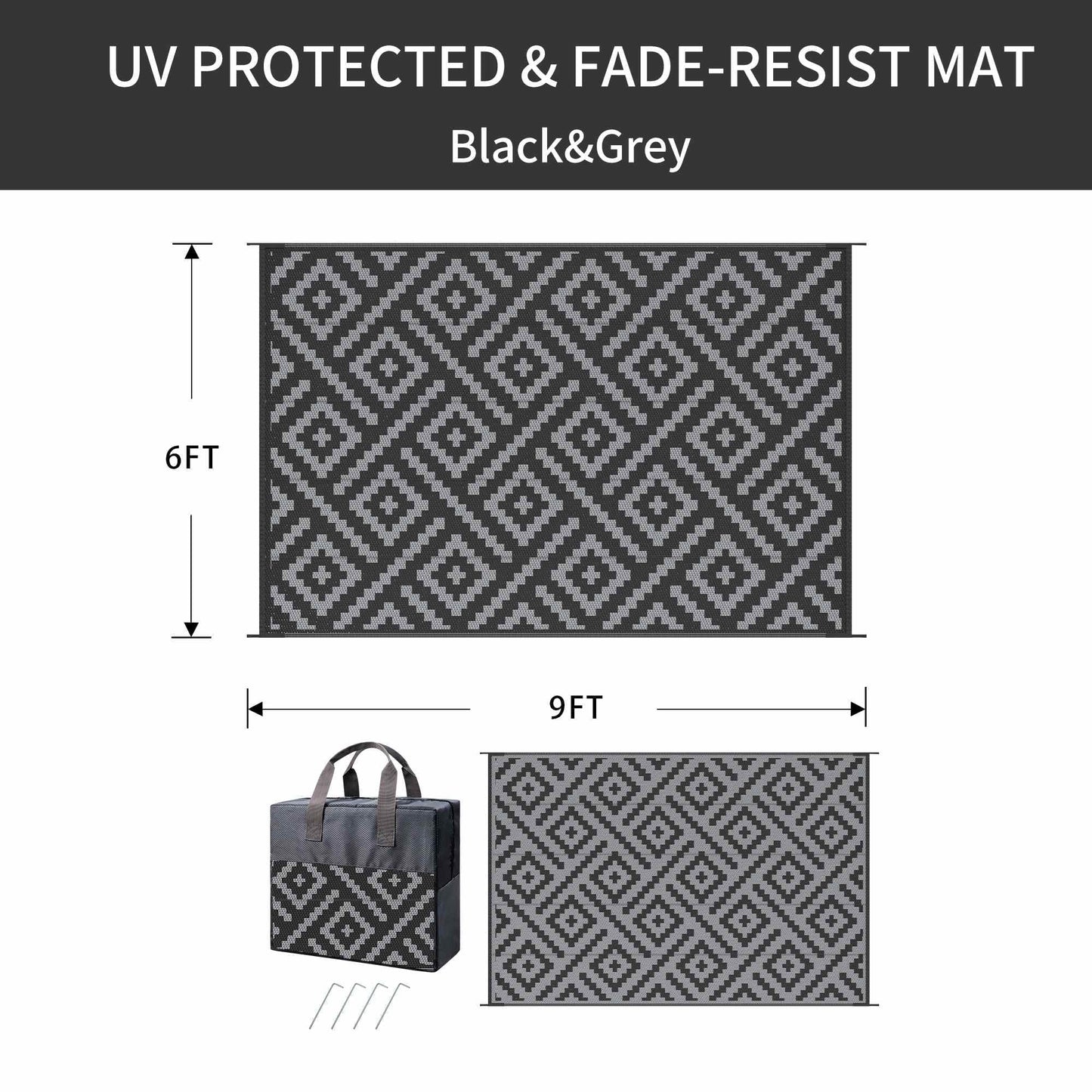 deorab outdoor rugs waterproof plastic straw mat 6'x9' reversible for rv patio deck beach black & gray