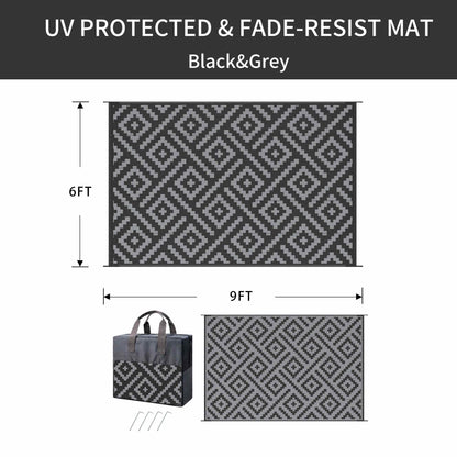 DEORAB Outdoor Rugs Waterproof Plastic Straw Mat 6'x9' Reversible for RV Patio Deck Beach Black & Gray