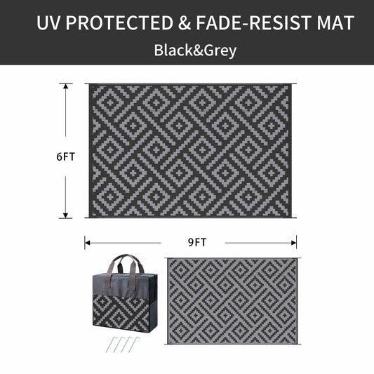 DEORAB Outdoor Rugs Waterproof Plastic Straw Mat 6'x9' Reversible for RV Patio Deck Beach Black & Gray