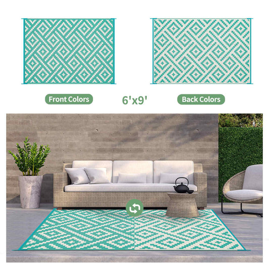DEORAB Outdoor Rugs Waterproof Plastic Straw Mat 6'x9' Reversible for RV Patio Deck Beach Lake Green & Beige White