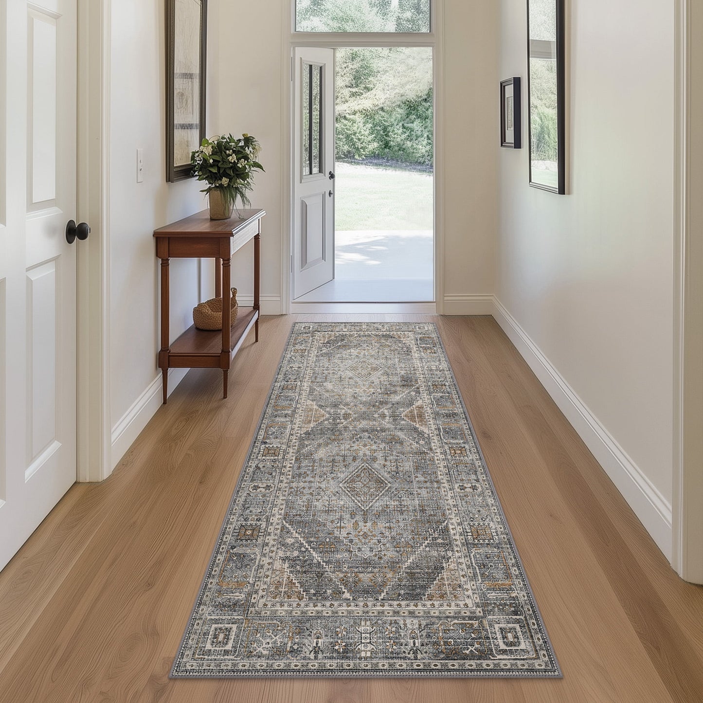 deorab runner rug 2x10 non slip hallway vintage rugs, machine washable lightweight mat for living room, entryway, bedroom, kitchen and passage, ultra-thin, light gray