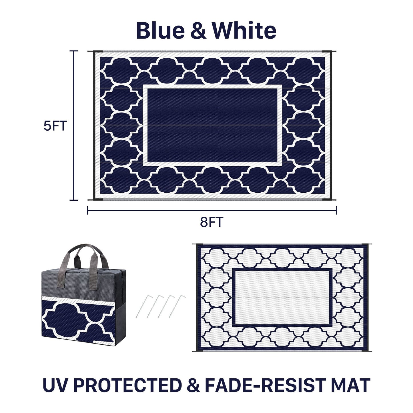 deorab outdoor rugs waterproof plastic straw mat 5'x8' reversible rv patio deck beach blue & white