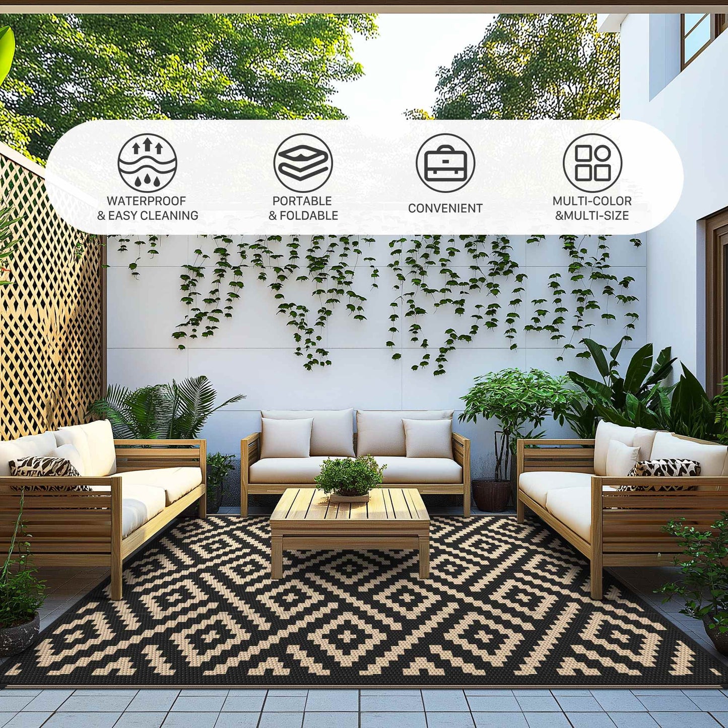 deorab 9'x12' outdoor rug patio clearance waterproof mat reversible plastic camping black & beige