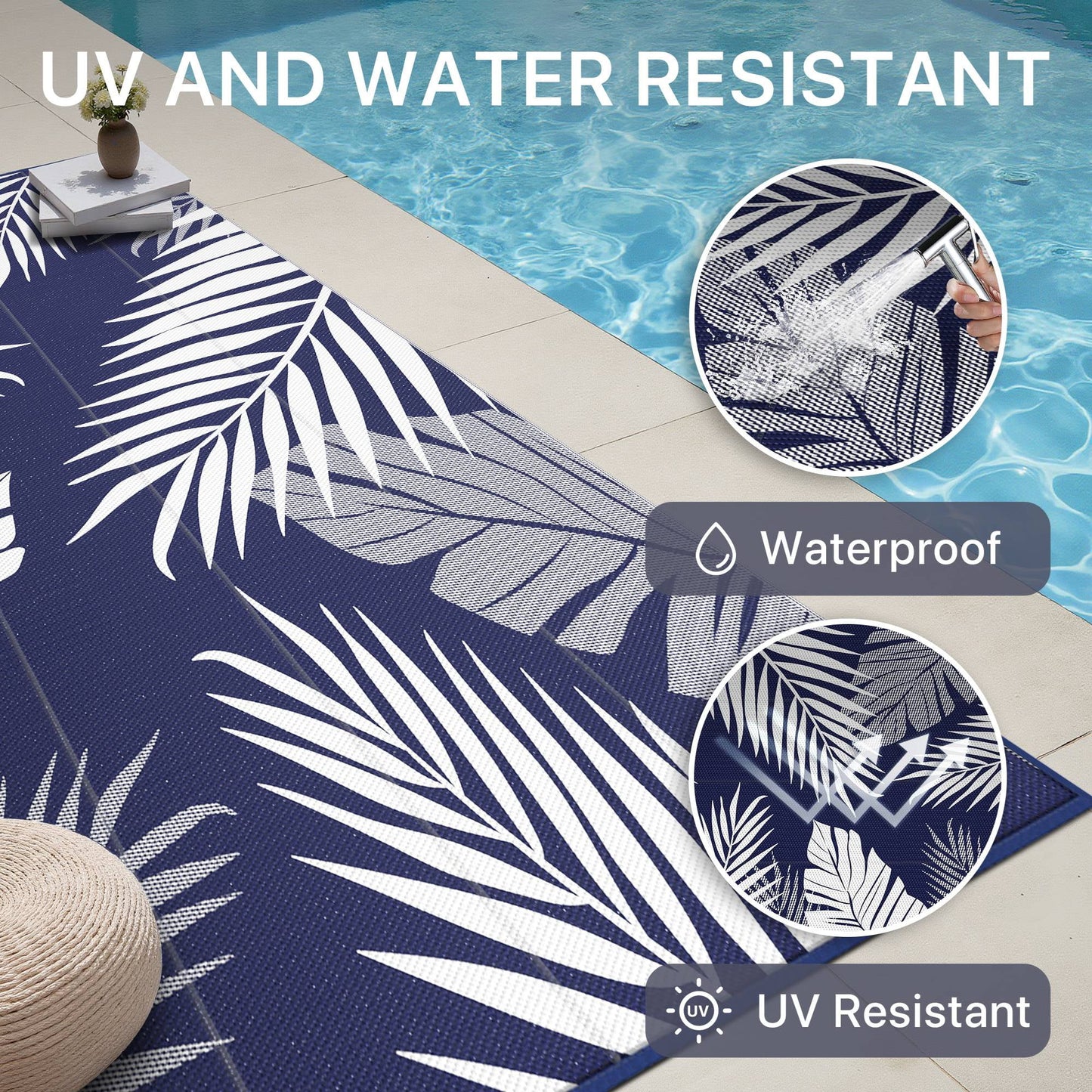 deorab 10'x14' outdoor rugs patio waterproof outside mat reversible plastic camping carpet,navy blue & white