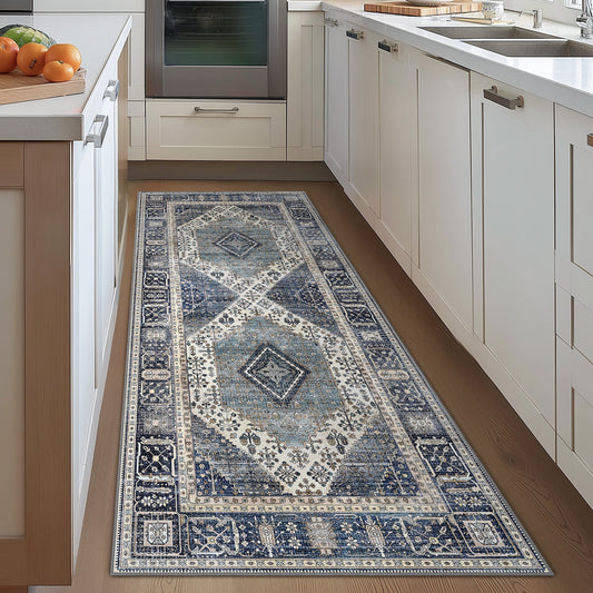 DEORAB Runner Rug 3X8 Non Slip Hallway Vintage Rugs, Machine Washable Lightweight Mat for Living Room, Entryway, Bedroom, Kitchen and Passage, Ultra-Thin, Blue