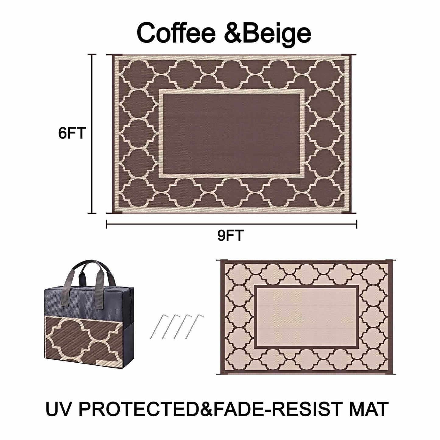 deorab outdoor rugs waterproof plastic straw mat 6'x9' reversible for rv patio deck beach coffee & beige