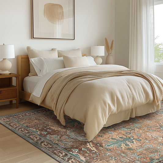 DEORAB 3X5 Area Rugs for Living Room, Machine Washable Bedroom Rugs Distressed Vintage Print Large Throw Rug Dining Room Aesthetic, Non Slip Carpet with Gripper, Ultra-Thin