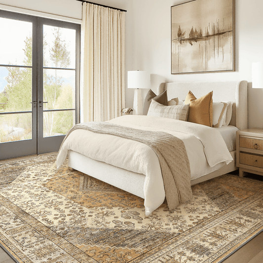 DEORAB 8X10 Area Rugs for Living Room, Non Slip Indoor Vogue Area Rugs, Low Pile Lightweight Vintage Large Print Mat for Bedroom Dining Room Home Office and Hall,Ultra-Thin, Beige