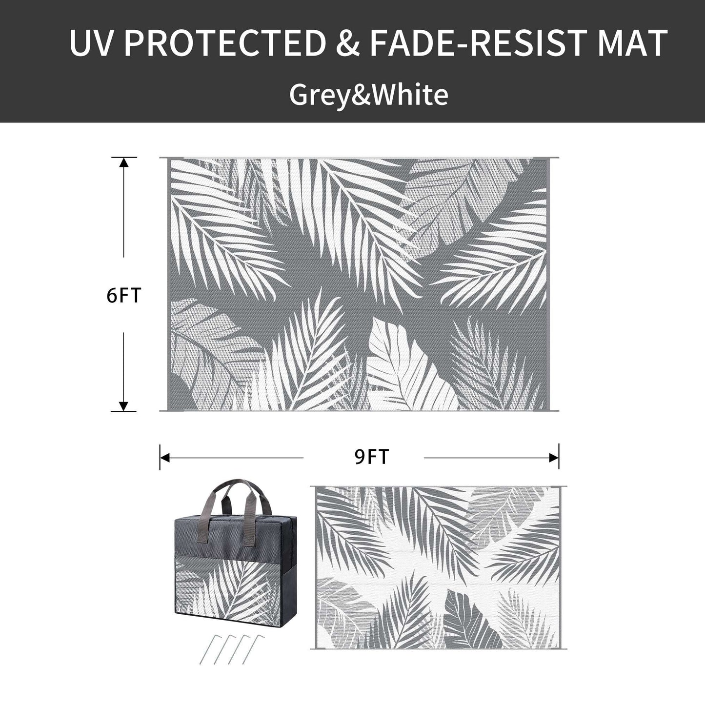 deorab 6'x9' outdoor rugs waterproof patio lightweight reversible plastic carpet outside camping mat,gray & white