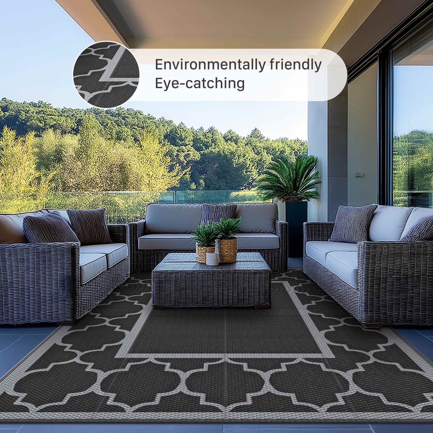 deorab outdoor rugs waterproof plastic straw mat 6'x9' reversible for rv patio deck beach black & gray