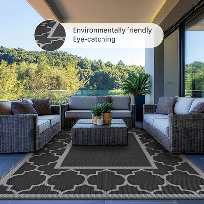 DEORAB Outdoor Rugs Waterproof Plastic Straw Mat 6'x9' Reversible for RV Patio Deck Beach Black & Gray