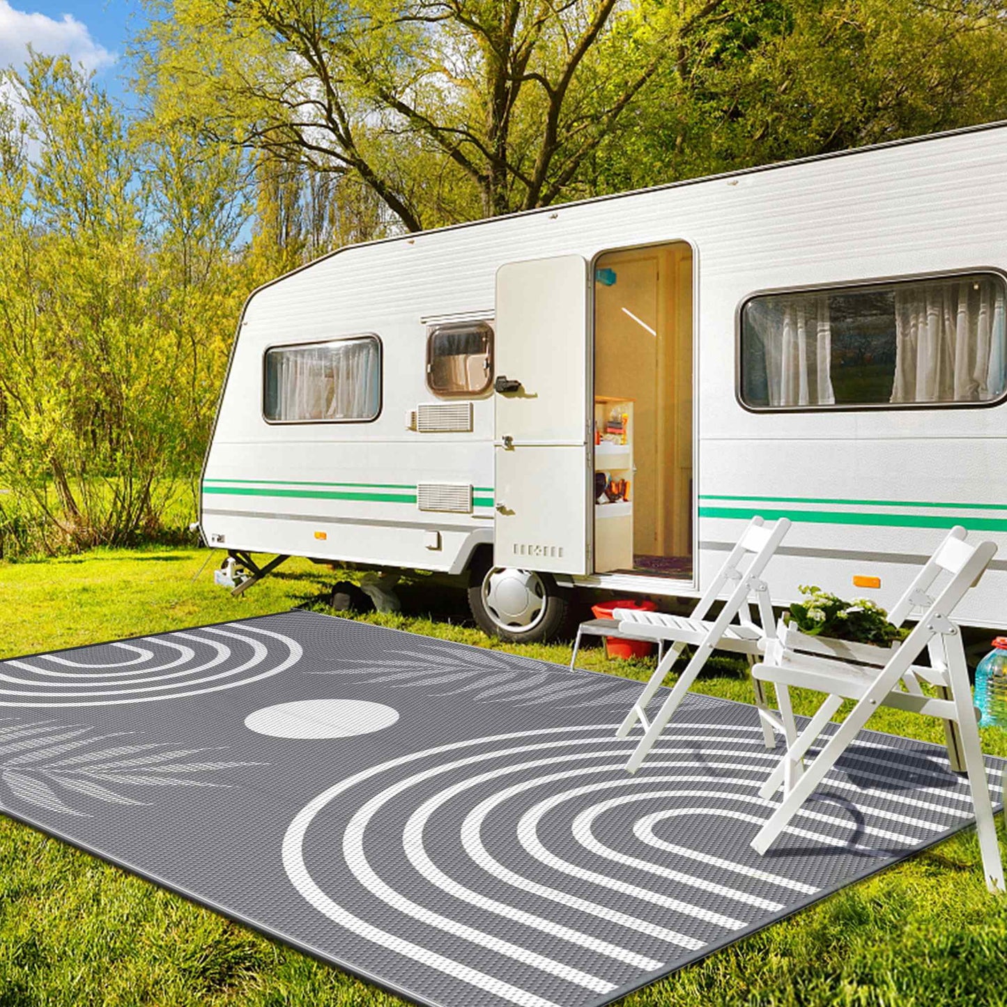 deorab outdoor rugs waterproof plastic straw mat 5'x8' reversible for rv patio deck beach gray & white