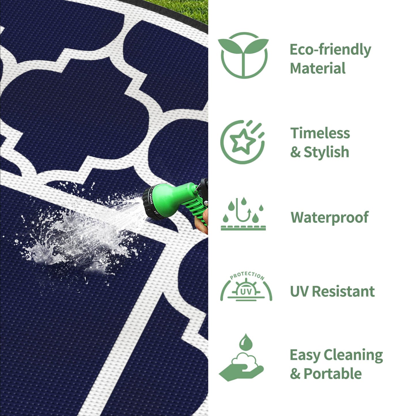 deorab outdoor rugs waterproof plastic straw mat 8'x8' reversible for rv patio deck beach blue & white