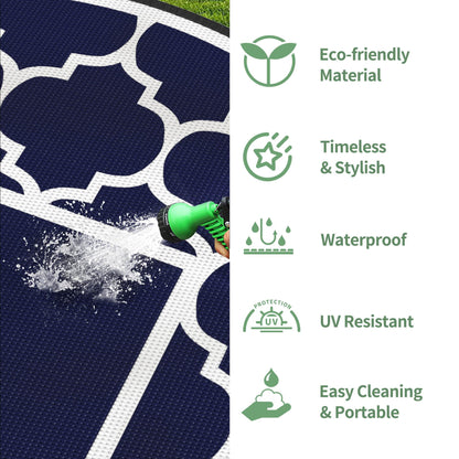 DEORAB Outdoor Rugs Waterproof Plastic Straw Mat 8'x8' Reversible for RV Patio Deck Beach Blue & White