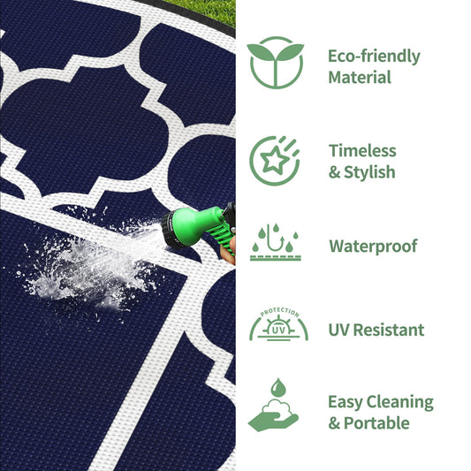 DEORAB Outdoor Rugs Waterproof Plastic Straw Mat 8'x8' Reversible for RV Patio Deck Beach Blue & White