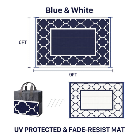 DEORAB Outdoor Rugs Waterproof Plastic Straw Mat 6'x9' Reversible Patio Deck Beach Blue & White