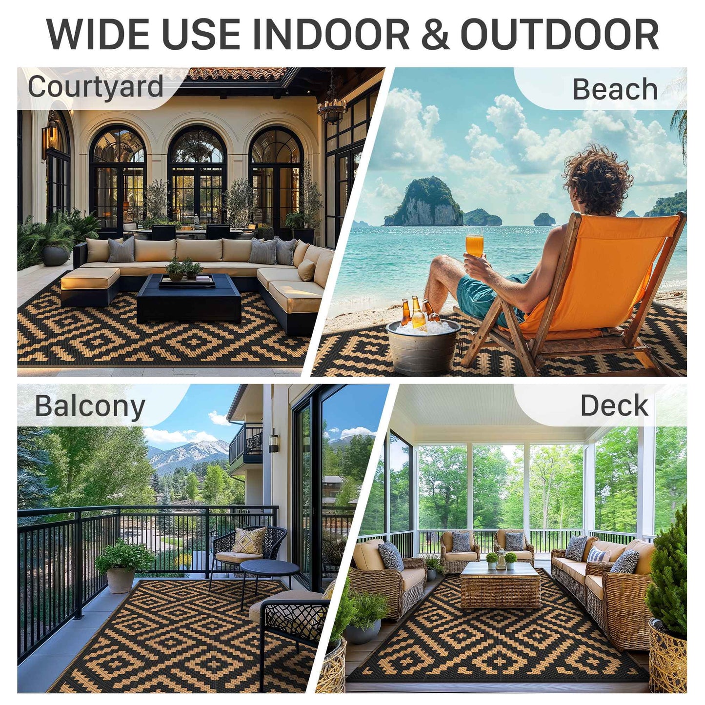 deorab 4'x6' outdoor rug patio waterproof mat reversible plastic camping black & brown