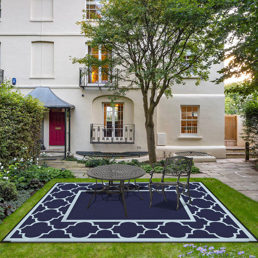 DEORAB 8'X10' Outdoor Rug Clearance Waterproof Patio Mat Reversible Plastic Camping Carpet,Navy Blue & Baby Blue