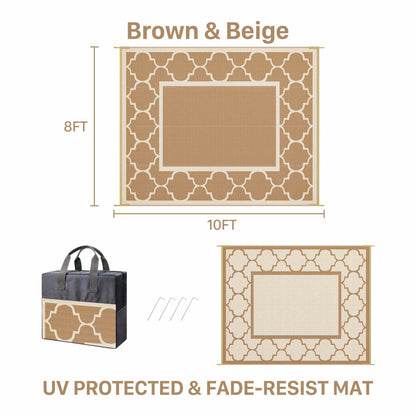 DEORAB Outdoor Rugs Waterproof Plastic Straw Mat 8'x10' Reversible for RV Patio Deck Beach Brown & Beige