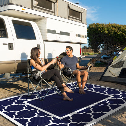 DEORAB Outdoor Rugs Waterproof Plastic Straw Mat 8'x10' Reversible for RV Patio Deck Beach Blue & White