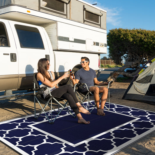 DEORAB Outdoor Rugs Waterproof Plastic Straw Mat 8'x10' Reversible for RV Patio Deck Beach Blue & White