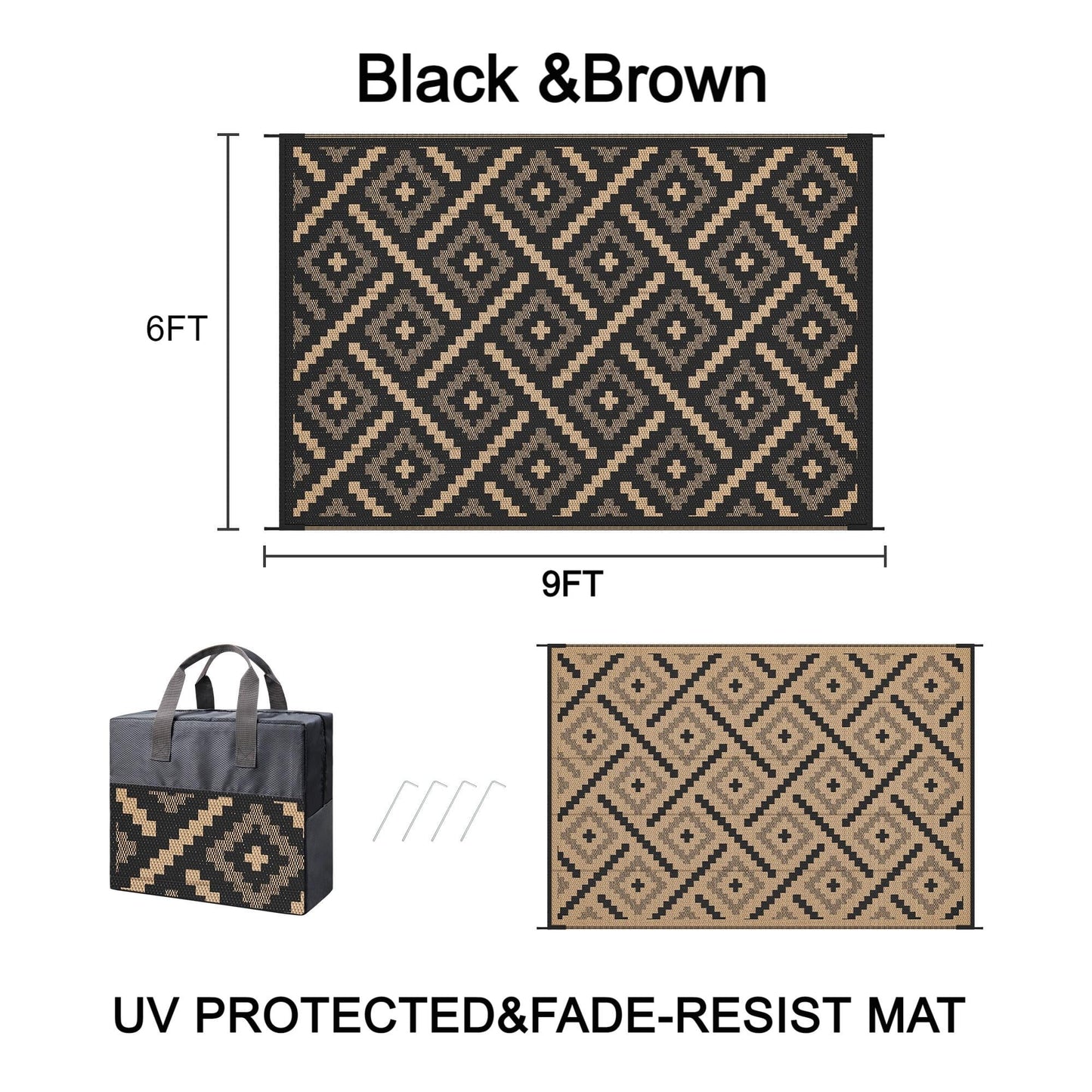 deorab outdoor rugs waterproof plastic straw mat 6'x9' reversible for rv patio deck beach black & brown