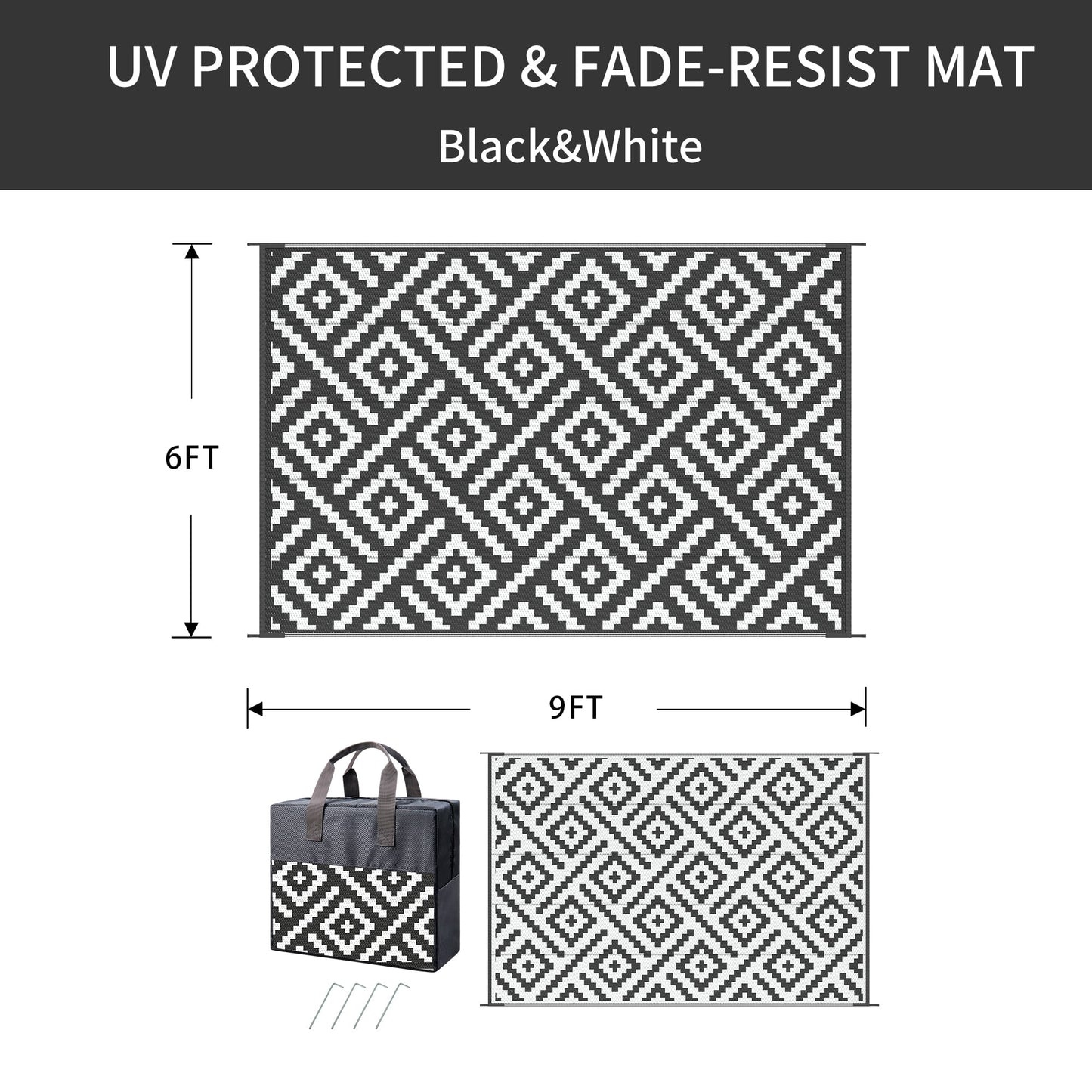 deorab outdoor rugs waterproof plastic straw mat 6'x9' reversible for rv patio deck beach black & white