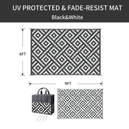 DEORAB Outdoor Rugs Waterproof Plastic Straw Mat 6'x9' Reversible for RV Patio Deck Beach Black & White